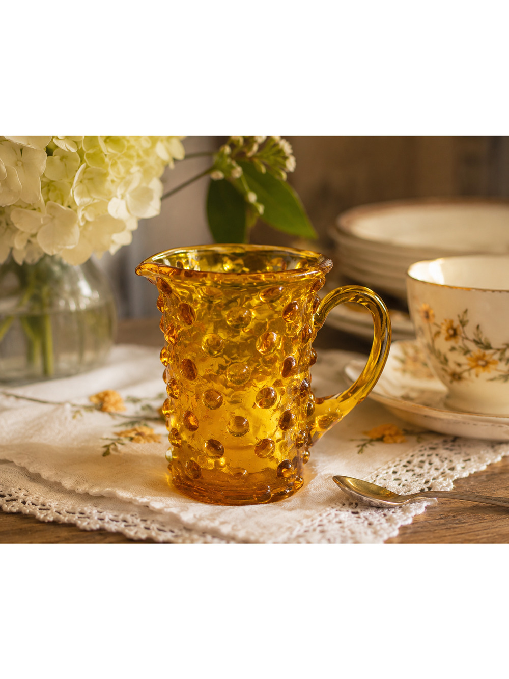Vintage Fenton Amber Hobnail Glass Creamer Pitcher Art Glass Mid Century